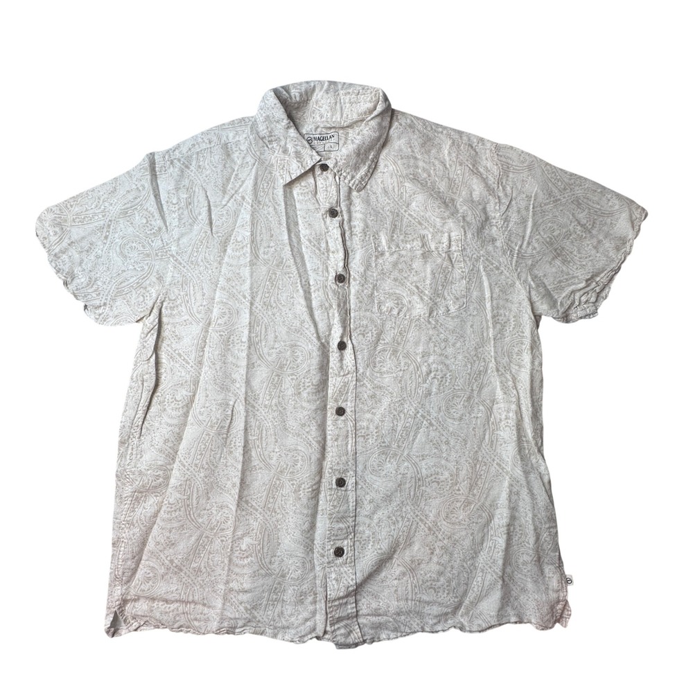 Magellan Shirt Mens L Tan Paisley Linen Blend‎ Short Sleeve Button Up RN098223